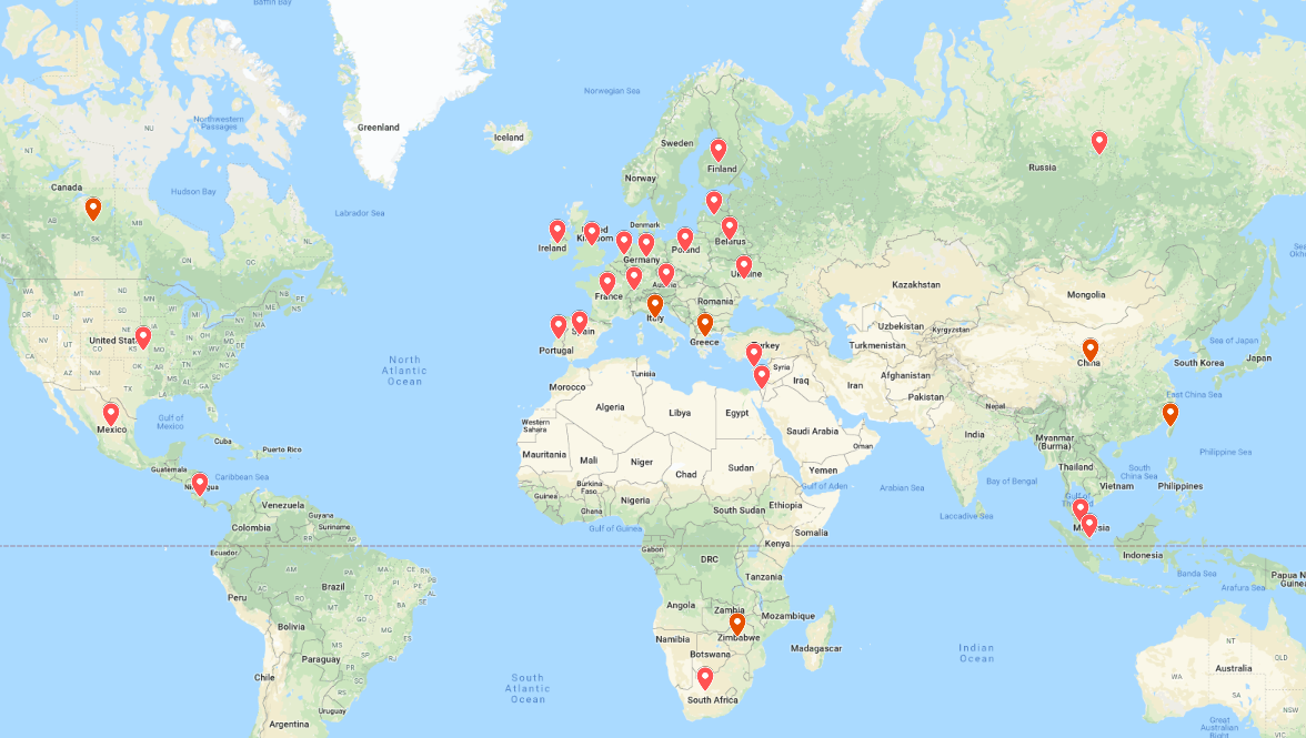 Map showing 1+3 student locations (all)