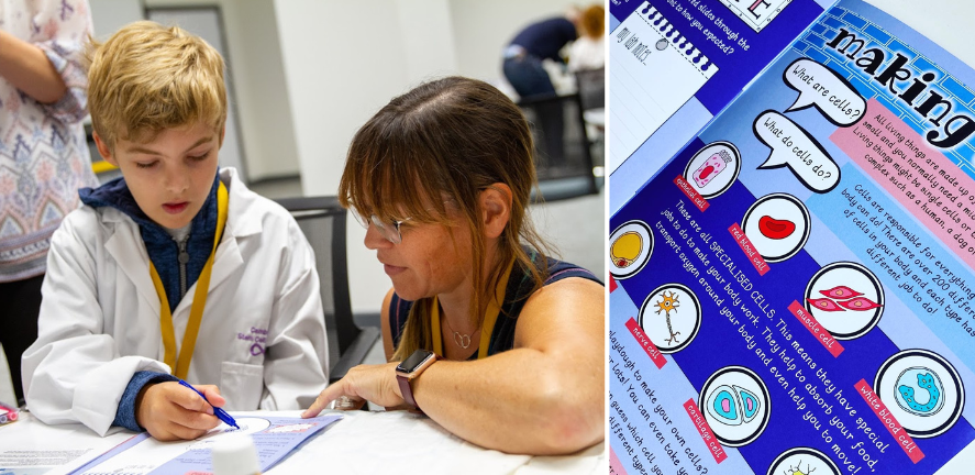 Research nurse Claire Glemas helping with the lab book, and a booklet insert on the right