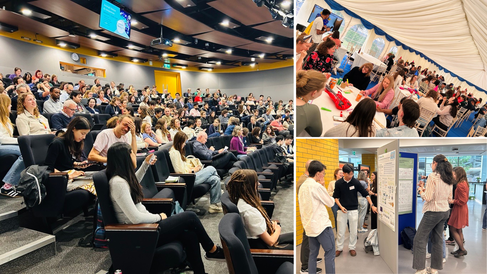 Collage of images: left-full lecture theatre; top right-Bingo session; bottom right-poster session.