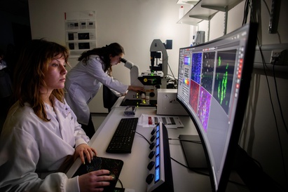 Researchers in the imaging facility looking at screens with microscopy images