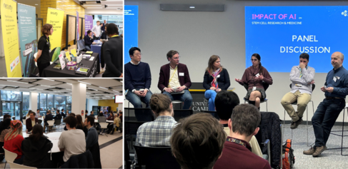 Collage of photos from the event - exhibition tables, reception, and panel discussion
