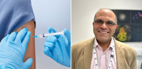 Image of someone receiving a shot in their arm; image of Professor Walid Khaled 