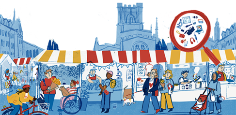 Illustration of science themed market scene.