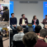 Collage of photos from the event - exhibition tables, reception, and panel discussion
