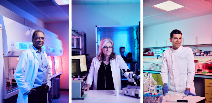CSCI Scientists Sinha, Karadottir, and Sampaziotis. Credit: Alun Callender